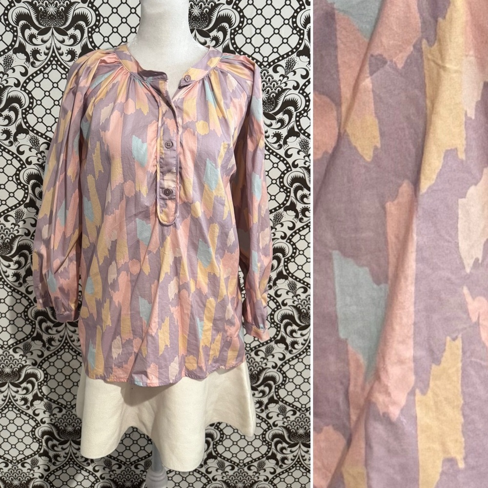 TUCKER NYC ✨ Classic Blouse pastel painterly brush strokes geo pattern | sz L